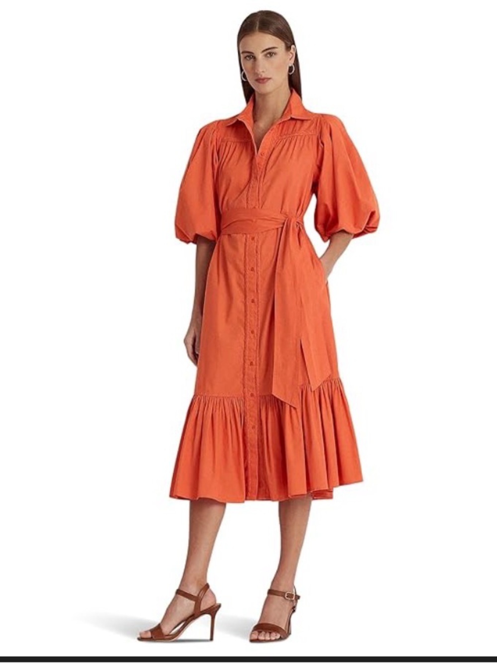 Ralph Lauren Orange Puff-Sleeve Midi Shirt Dress